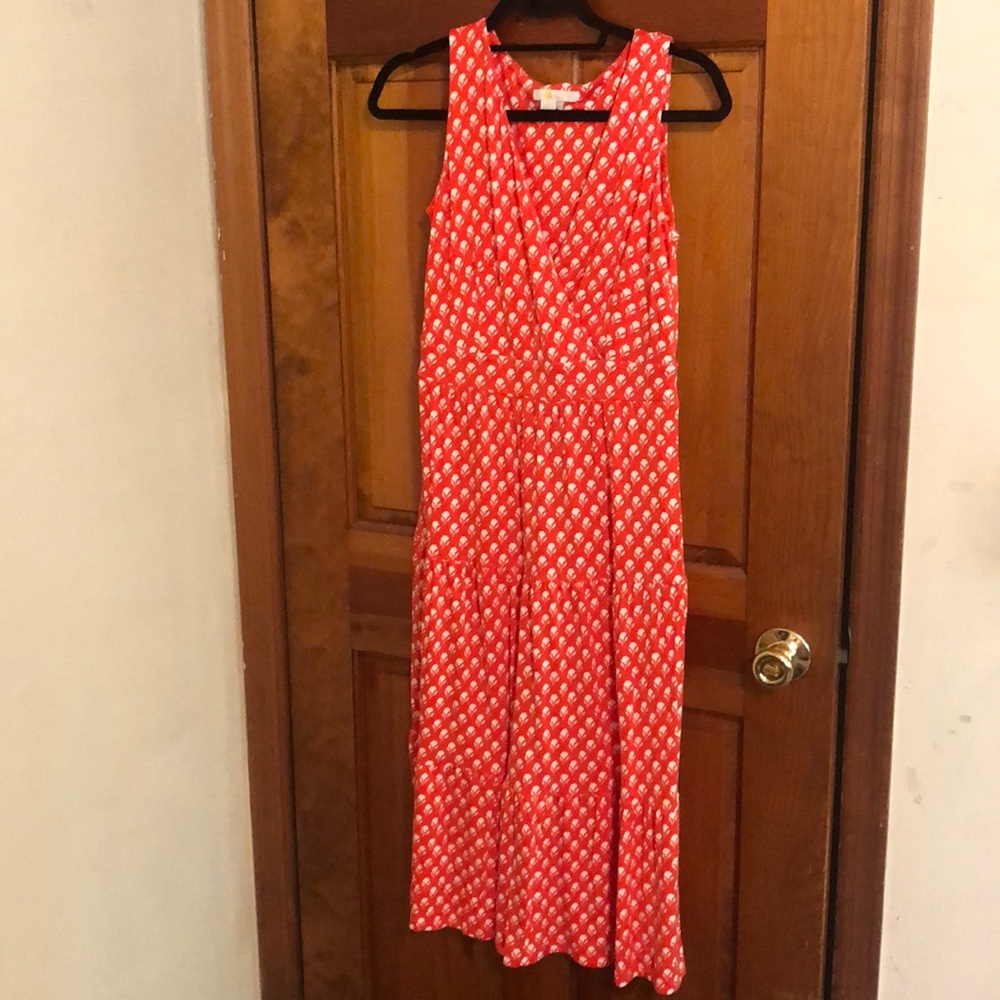 Biden red orange white floral print tiered dress